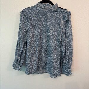 Doen Floral Blue & White Blouse with Ruffle Detail Sz Small